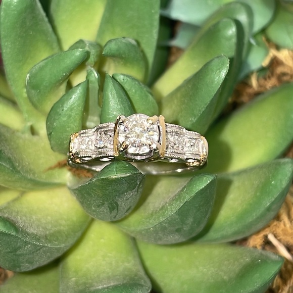 Solid 14K White Yellow Gold Natural Diamond Antique Engagement Ring - Picture 5 of 17